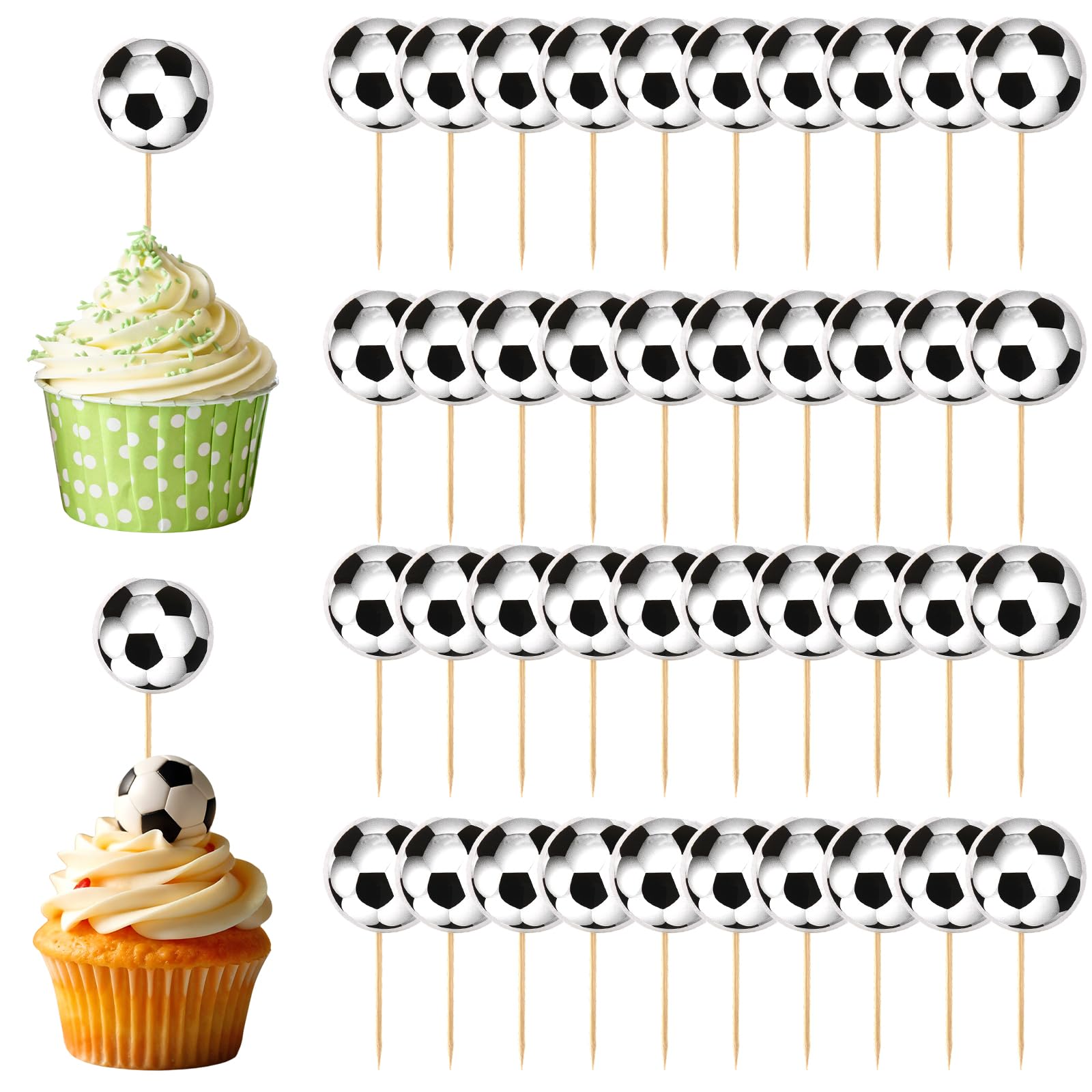 サッカーボール ケーキトッパー 40個セット ケーキ飾り 挿すだけ簡単装飾 誕生日会 スポーツイベント パーティー装飾用 ペーパー製|アピネス