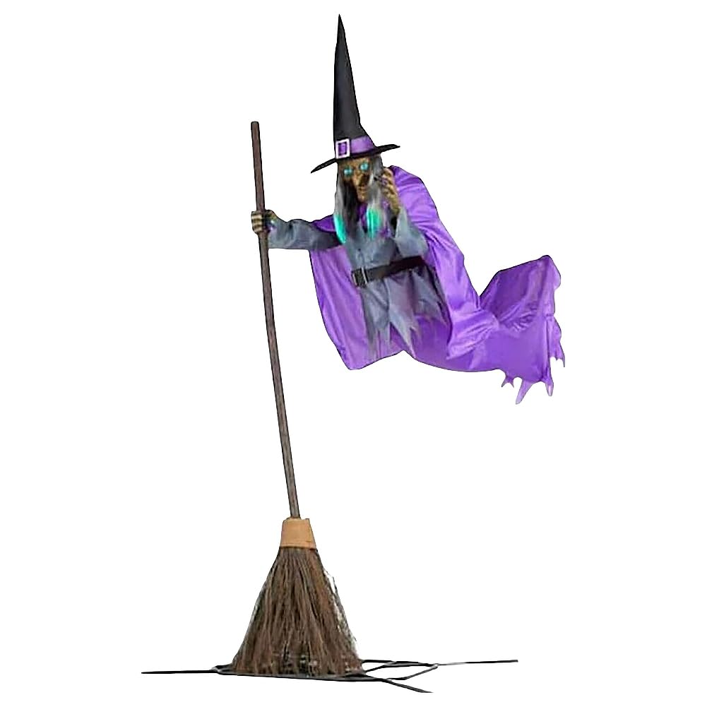 ハロウィン 魔法つかい ホウキに乗る あやつり人形 飾り付け 照度 ライトアップ 光る 目 響き付き添い人 寄りあい かざり付ける 室外 庭 部屋の入り口 見せびらかす 目的語