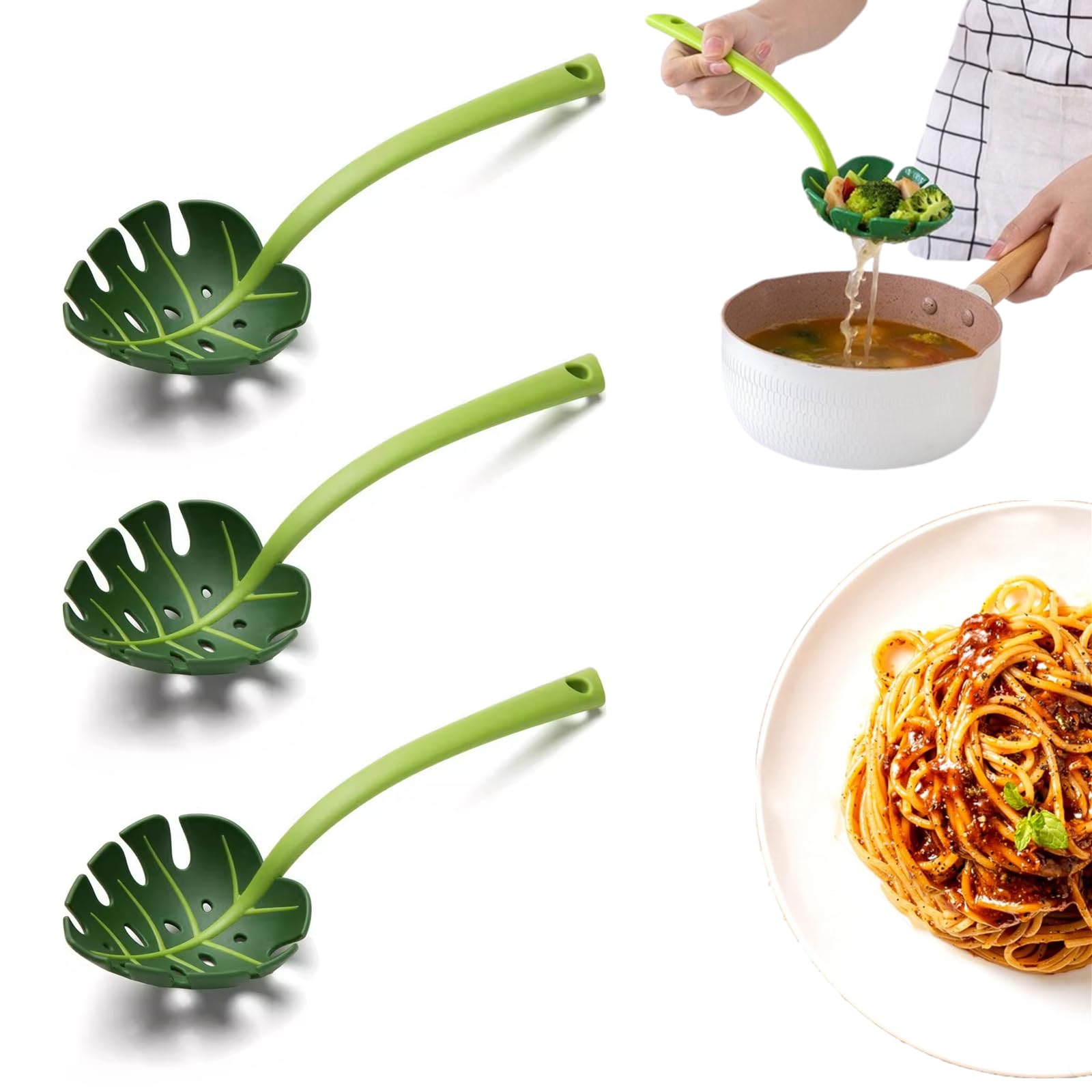 モンステラ 葉っぱ型 パスタサーバー 3本セット キッチンツール 調理器具 スプーン 穴あきお玉 おしゃれ 便利グッズ 調理用具 耐熱性 滑り止め 盛り付け キッチン用品｜アピネス