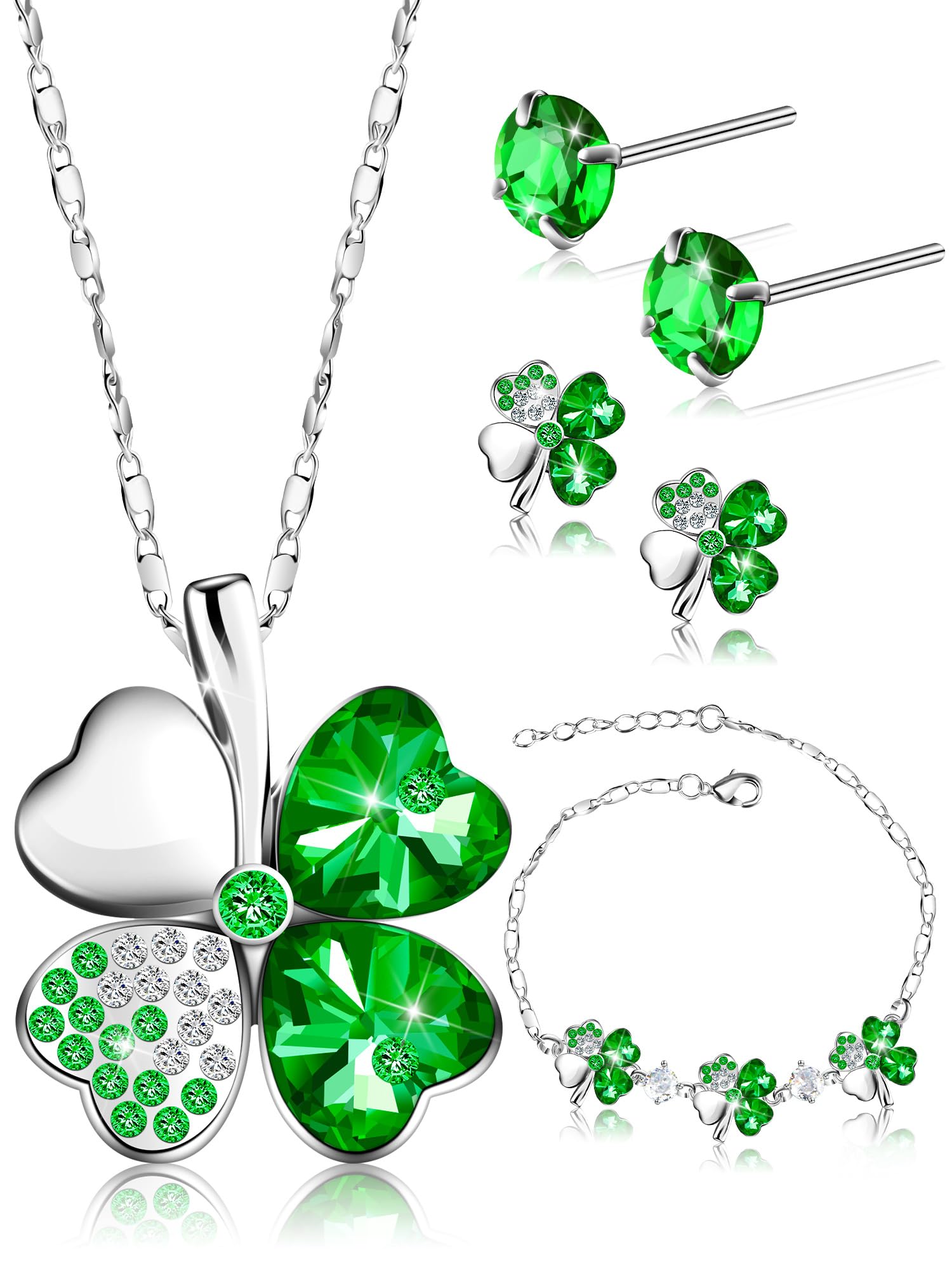セントパトリックスデー 宝飾品仕掛ける 四分子葉のクローバー 首飾り ピアス 腕輪 3点仕掛ける レディース 佩び物 水晶 生産ライン石ころ 仕合わせ アイリッシュ ラッキーモチーフ 差し上げ物 寄りあい でき事