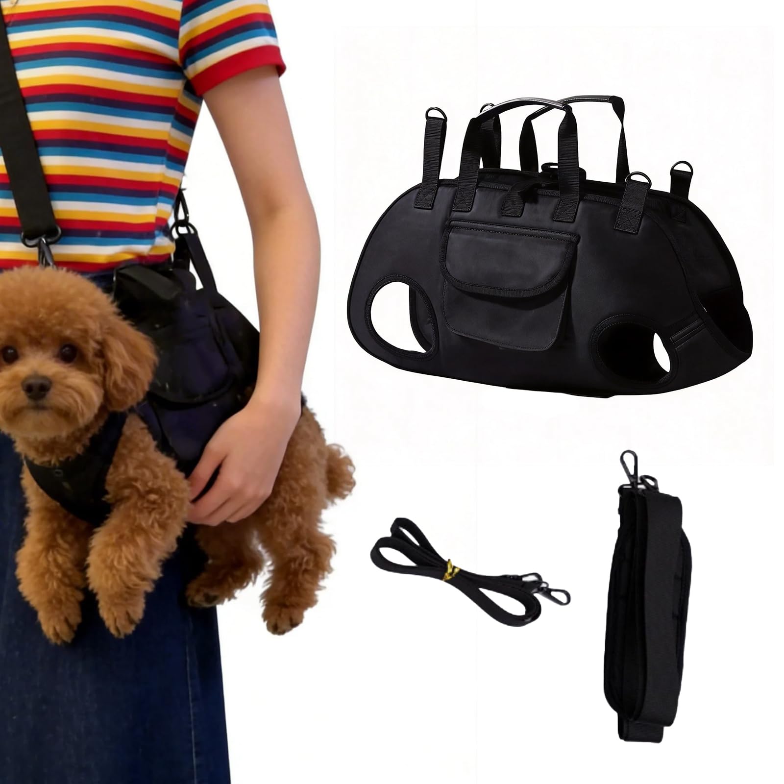 犬用 御拾い助けること馬具 小型犬用 スリング いだき締める紐 愛玩動物用 キャリーバッグ お出かけ 通院 ほっつき歩く (黒いこと)