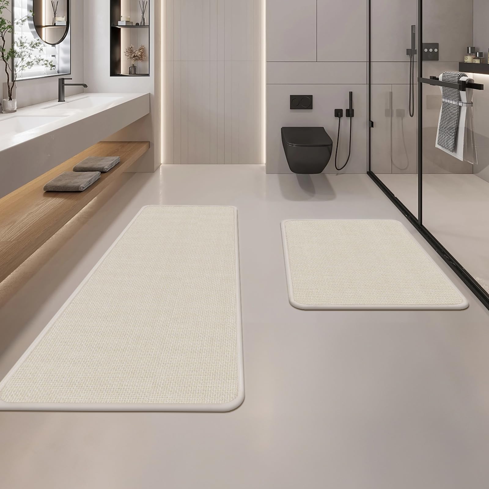 吸水速乾 バスマット 2点セット 43&times;61cm 43&times;119cm 滑り止め付き キッチンマット 足ふきマット 洗える おしゃれ シンプル 無地 ベージュ｜アピネス