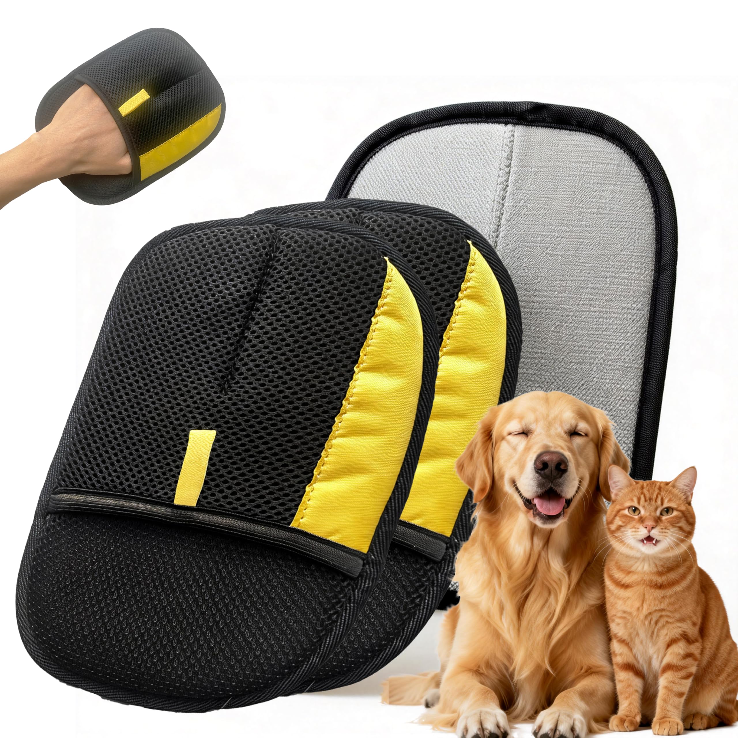 ペット用 抜け毛取り グローブ 2個セット ペットクリーナー 掃除用ブラシ 換毛期対策 犬 猫 ブラシ 手袋 クリーニングミット 洗える 再利用可能 ソファ カーペット 衣類 寝具 お手入れ (ブラック&times;イエロー ミディアム)｜アピネス