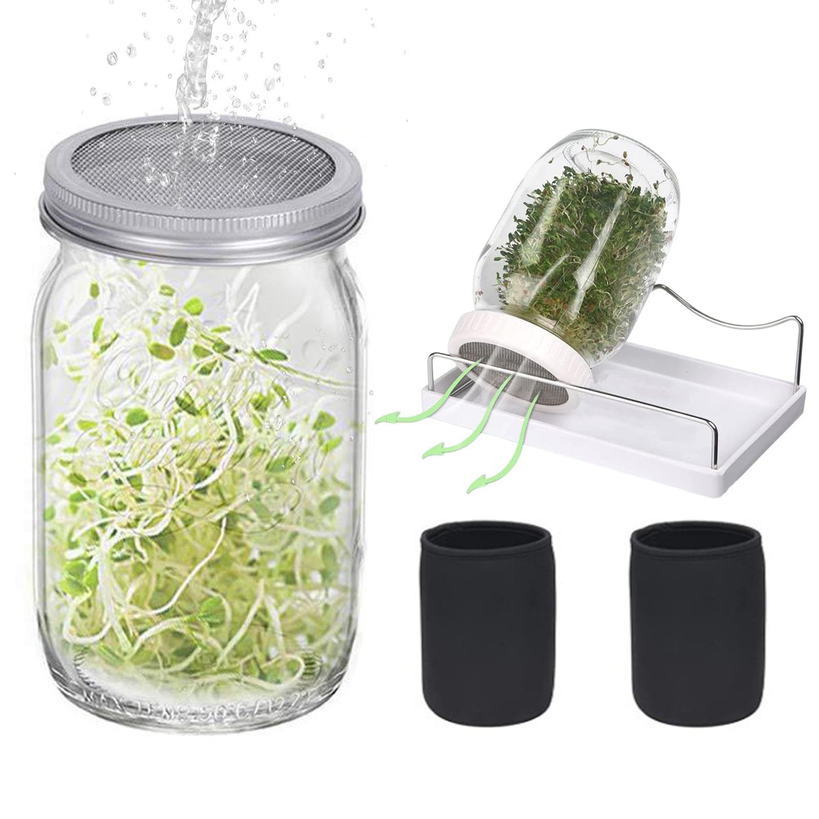 スプラウト栽培キット ジャー 2個セット 栽培容器 メッシュ蓋 スタンド付き 芽野菜 家庭菜園 室内栽培 遮光カバー付き 容器のみ｜アピネス