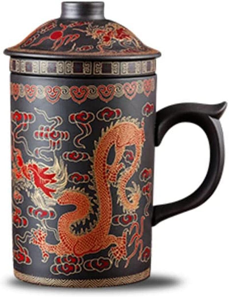 マグカップ 磁器カップ ティーカップ 茶漉し付き 紅茶カップ 伝統的な中国のドラゴンパープルサンドティーカップレトロな手作りマグカップと蓋茶漉しが友達への贈り物を集めました かわいい (レッド,400)|アピネス