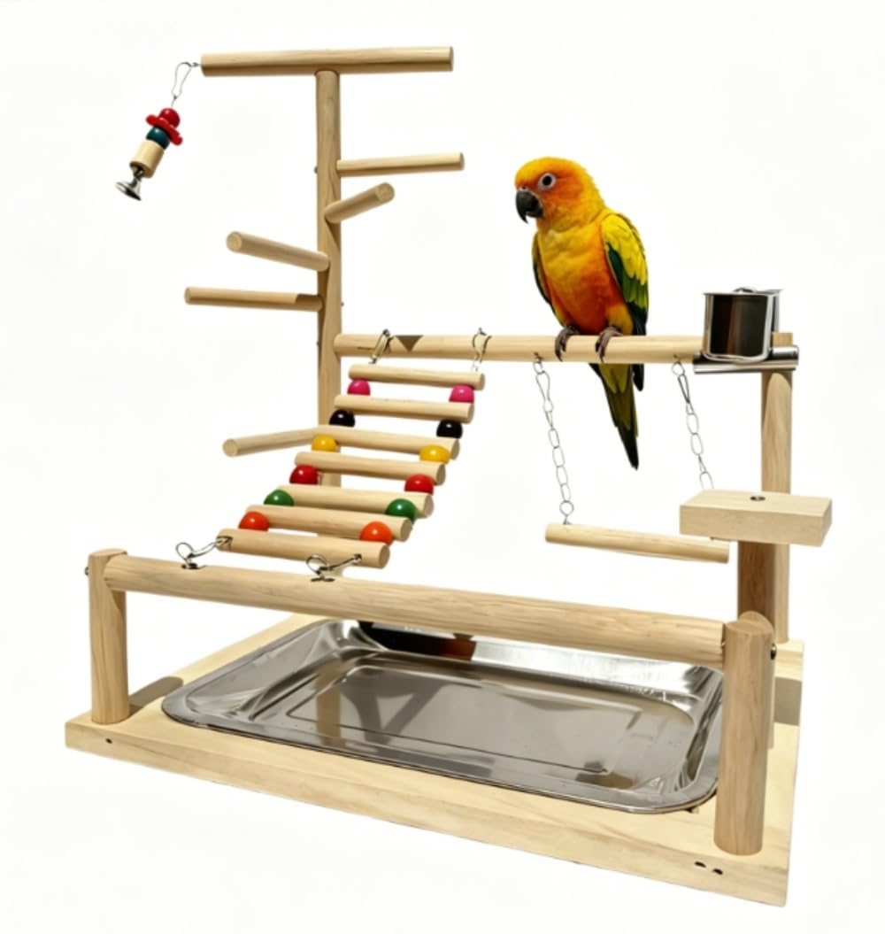 鳥用遊び場 ペッパーウッド素材 オウムラブバードセキセイインコ対応 運動不足解消ストレス軽減 はしごクライミングスイング吊り橋付き 吊り下げ式 ケージ内設置可能 多機能ペット鳥おもちゃ (ビーズ付きロープはしご)|アピネス