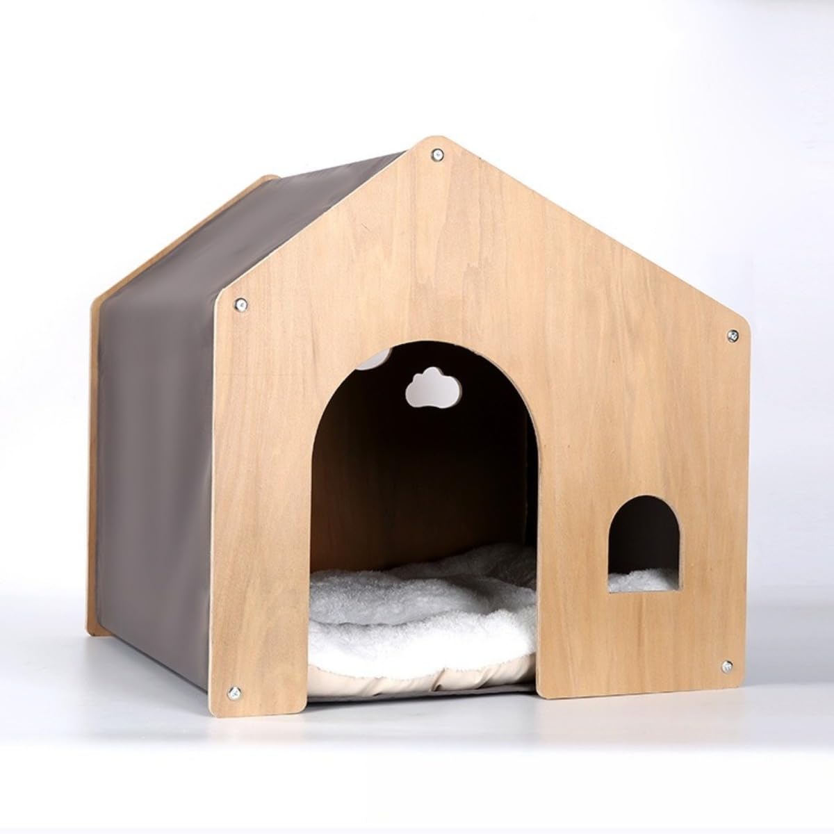 木製ペットハウス 犬小屋 天然木素材 オールシーズン対応 クローズドデザイン 換気機能 各種ペット向け 庭 室内 多用途(グレー)|アピネス
