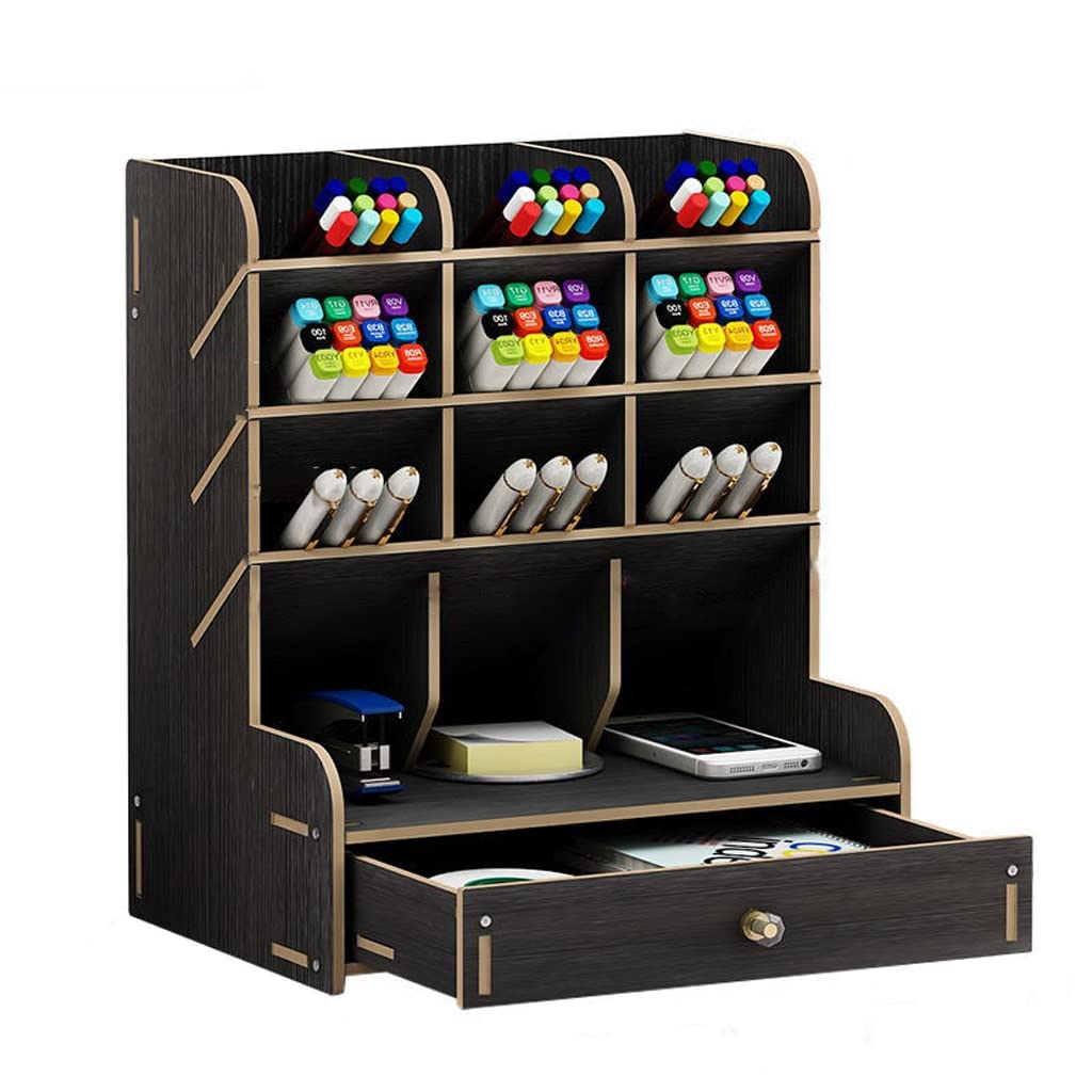 ペンホルダー ポットオーガナイザー 木製ペンオーガナイザー 多機能ホルダーボックス デスクトップ文房具 ホームオフィス 画材収納 引き出し付き ホームデスクアクセサリー(傾斜ブラック)｜アピネス