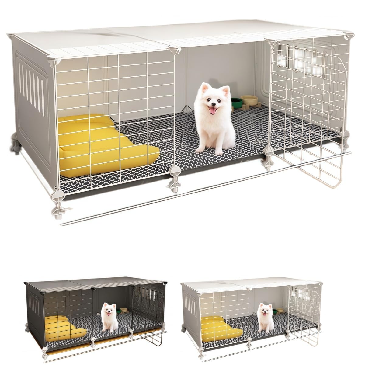 犬 ケージ ペット 小動物小中大型犬用 屋根付き 室内 掃除しやすい 組み立てが簡単丈夫 頑丈 安定感高い オシャレ 犬 ペット (3つのコンパートメント [106*46*42] ホワイト、標準スタイル,デラックス版：犬小屋 + [アップグレード版])｜アピネス
