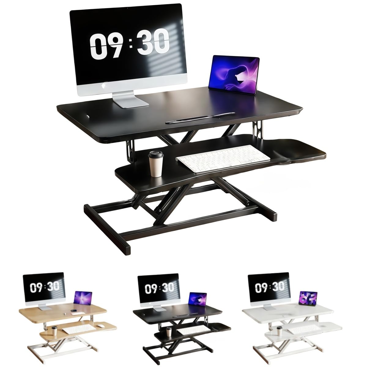 スタンディングデスク ローデスク 昇降デスク 多機能テーブル パソコンデスク テレワーク キーボード台付き 卓上タイプ 昇降式 幅80*奥行40 (両刃エッジバンド - 黒 80&times;40)｜アピネス