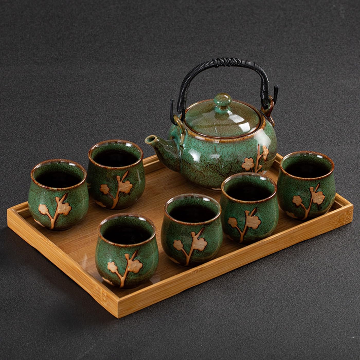 [] 茶器セット 8点 梅の花模様 高温焼成 手描き金彩 フィルター付き 茶道用 簡単保管 多用途 丸型カップ (丸型カップ,濃い緑色)｜アピネス