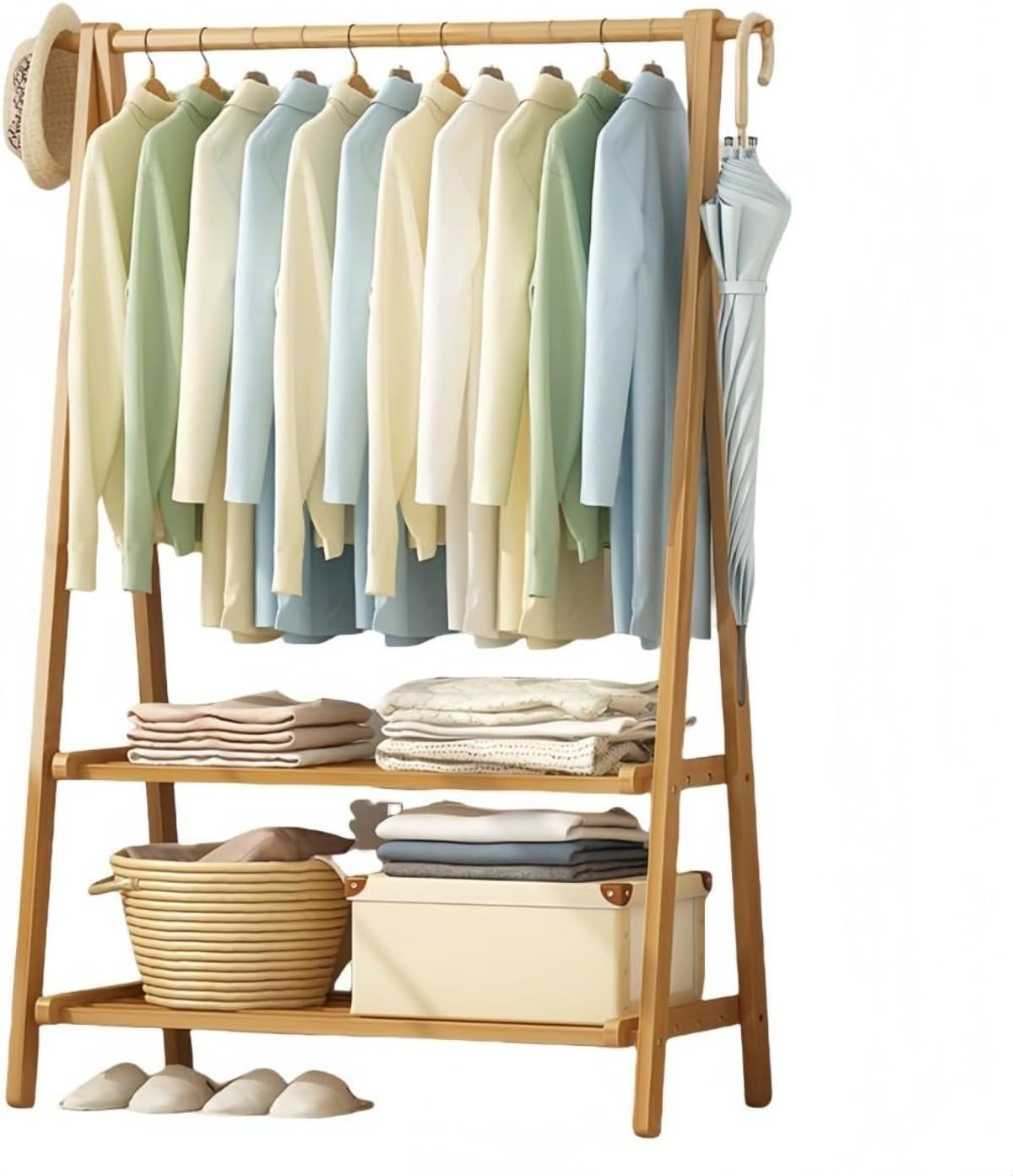 ハンガーラック木製衣類収納ラック洋服ラック家庭頑丈大容量幅66 /86 /116 洋服掛けコートハンガー帽子らっく組み付け簡単棚付き寝室玄関多機能収納 (原色,116*40*160)|アピネス