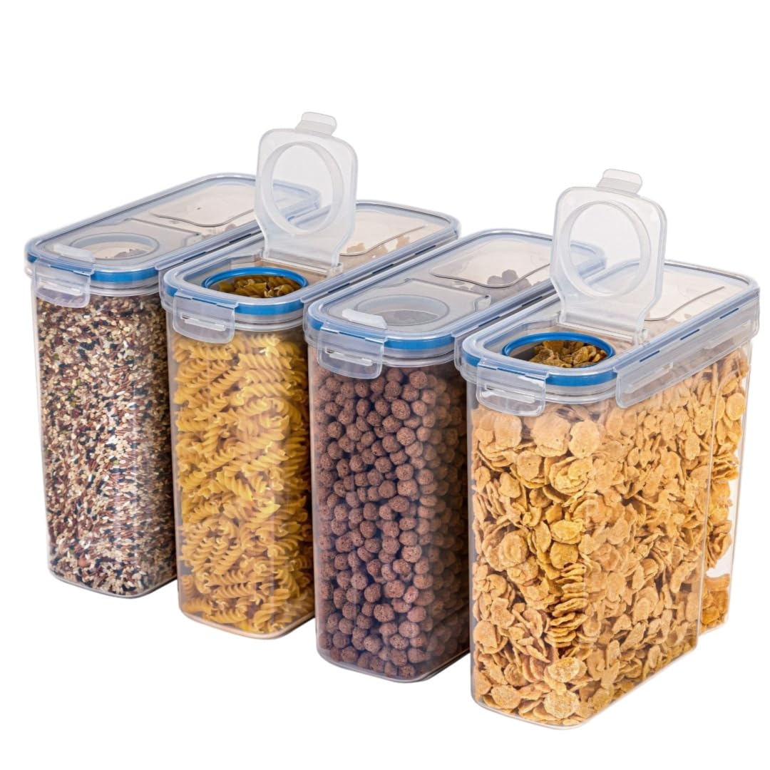 保存容器 キャニスター 密閉容器 プラスチック 食品保存容器 密閉 4 大容量 食材 調味料 湿気防止 収納 キッチン コーヒー 透明 米びつ スナック 砂糖 シリアル用 鮮度を保つ 専用ラベル付き4個セット ストック (ブルー)|アピネス