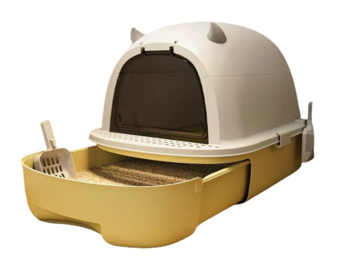 猫用ドーム型トイレ 猫砂スコップと消臭バッグが付属します 防臭抗菌ライナー 開閉式ドア 狭スペース対応 賃貸マンション ペット可室内 多頭飼い (きいろ 黄色 です)｜アピネス