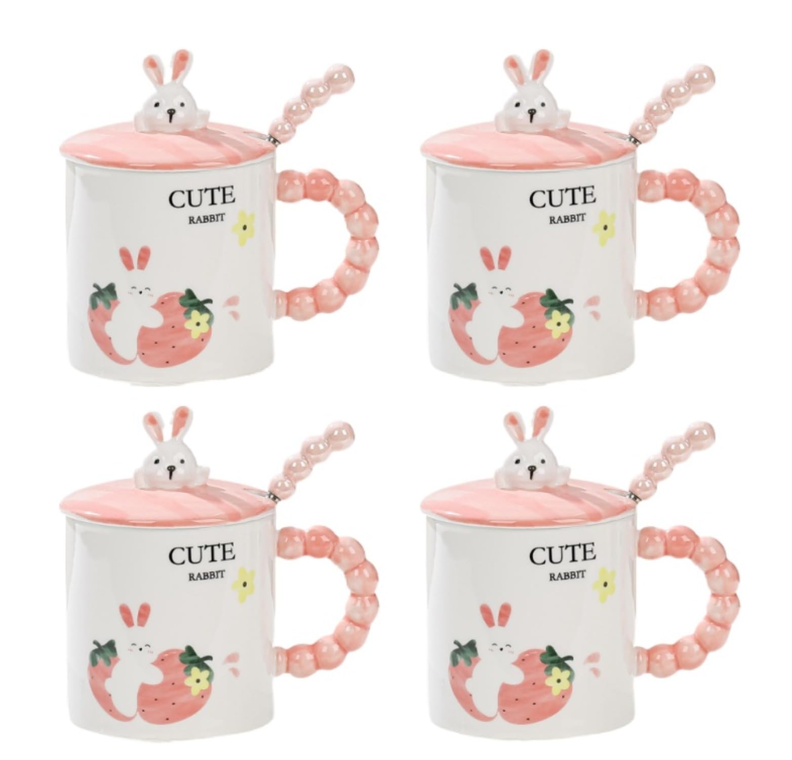 4セットウサギカップ陶器蓋スプーンマグカップホームかわいい創造的なコーヒーカップオフィス女子学生手描き妖精カップ高い価値小衆??感?克杯草莓・稀・汲杯400大容量高耐熱誕生日プレゼントおしゃれで寛大なかわいい男性、女性、子供|アピネス
