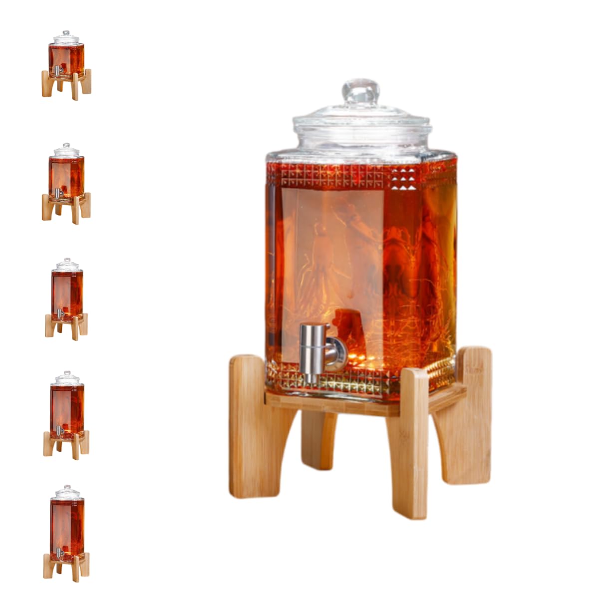 ドリンクサーバー ガラス 6/10 /15/30冷水筒 ドリンクピッチャー保冷 ピッチャー蛇口付き大容量 プラムワインジュースビールフルーツジャ貯蔵容器密閉 (ステンレス製蛇口+竹製台座;透明,10斤)|アピネス