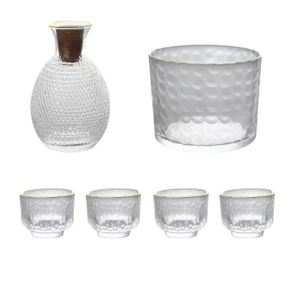 の透明な金縁の鎚目模様の酒器、ワインクーラー、ガラスワイングラス6個セット、透明、断熱、耐熱ガラス、エレガントでシンプル (描金款)｜アピネス