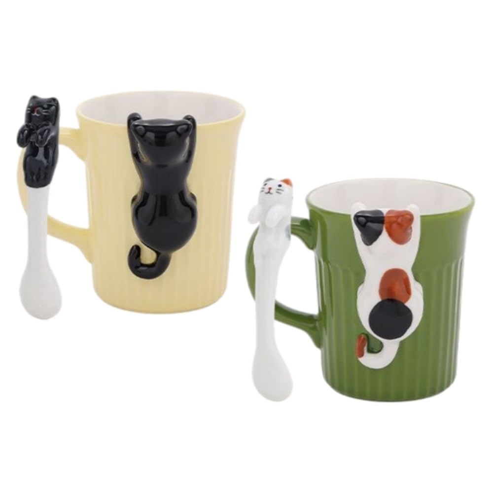 3 レリーフネコ陶磁マグカップ 家庭用朝食コーヒーカップ カップル日常給水陶器 (ミックスカラー、2個パック)|アピネス