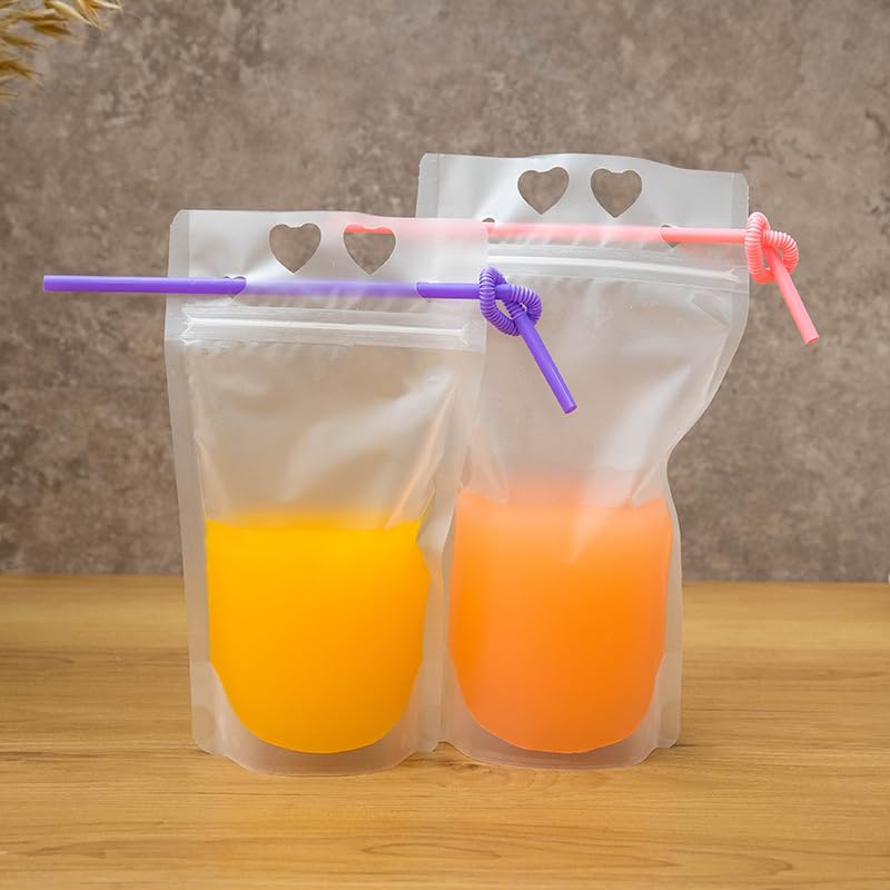 100枚入り ジュース飲料袋 飲料バッグ 大容量 保存バッグ 飲み物用 パーティー用品 アウトドア時便利 半透明 曲がるストロー付き (500 ハートホール)｜アピネス