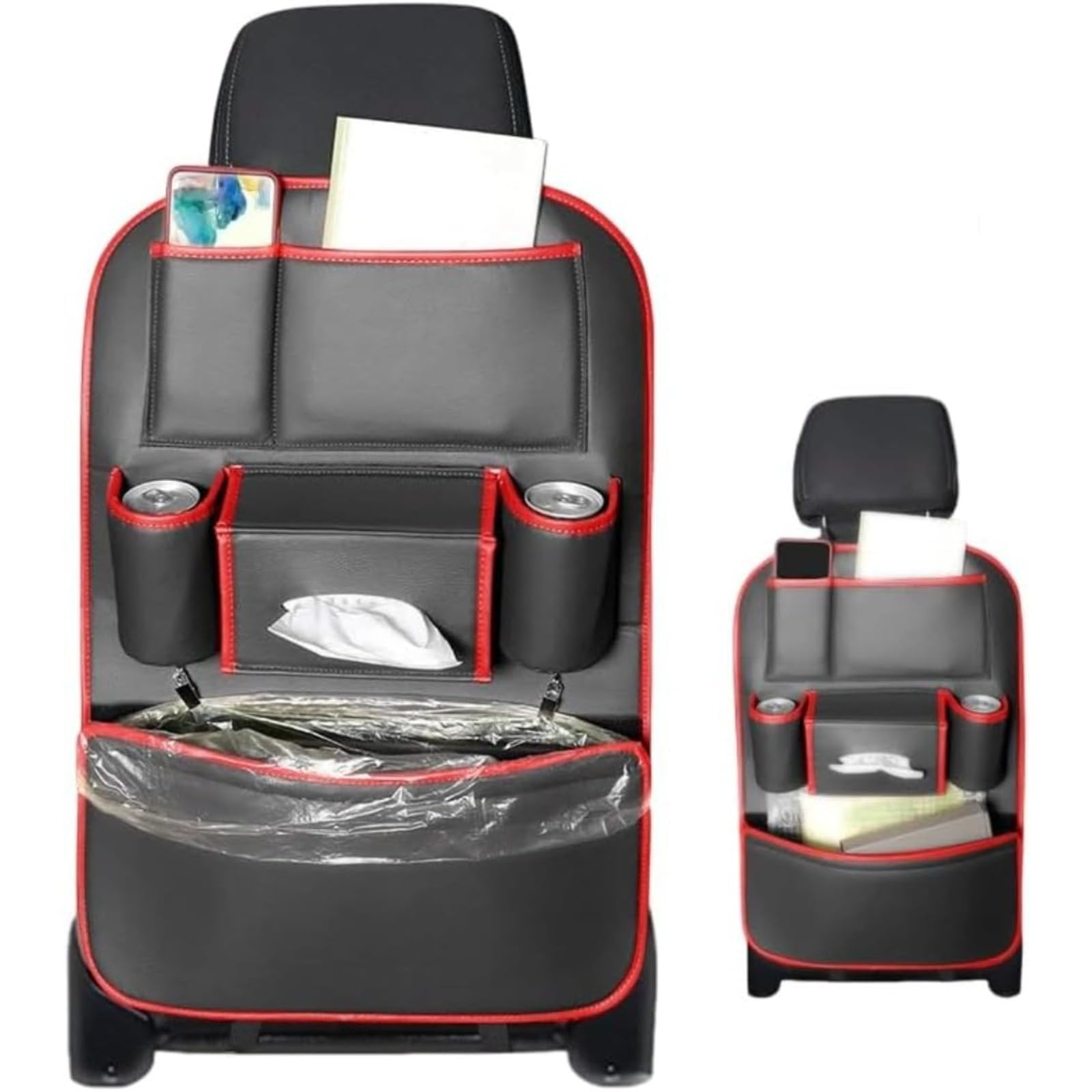 シートバックポケット 車 収納バッグ 車用ゴミ箱 後部座席 多機能 大容量 高級レザー 防水 飲み物ホルダー ティッシュケース 小物入れ キックガード 汚れ防止 蹴り防止 取り付け簡単 カー用品 セダン 対応 汎用 (2パック,黒と赤)｜アピネス