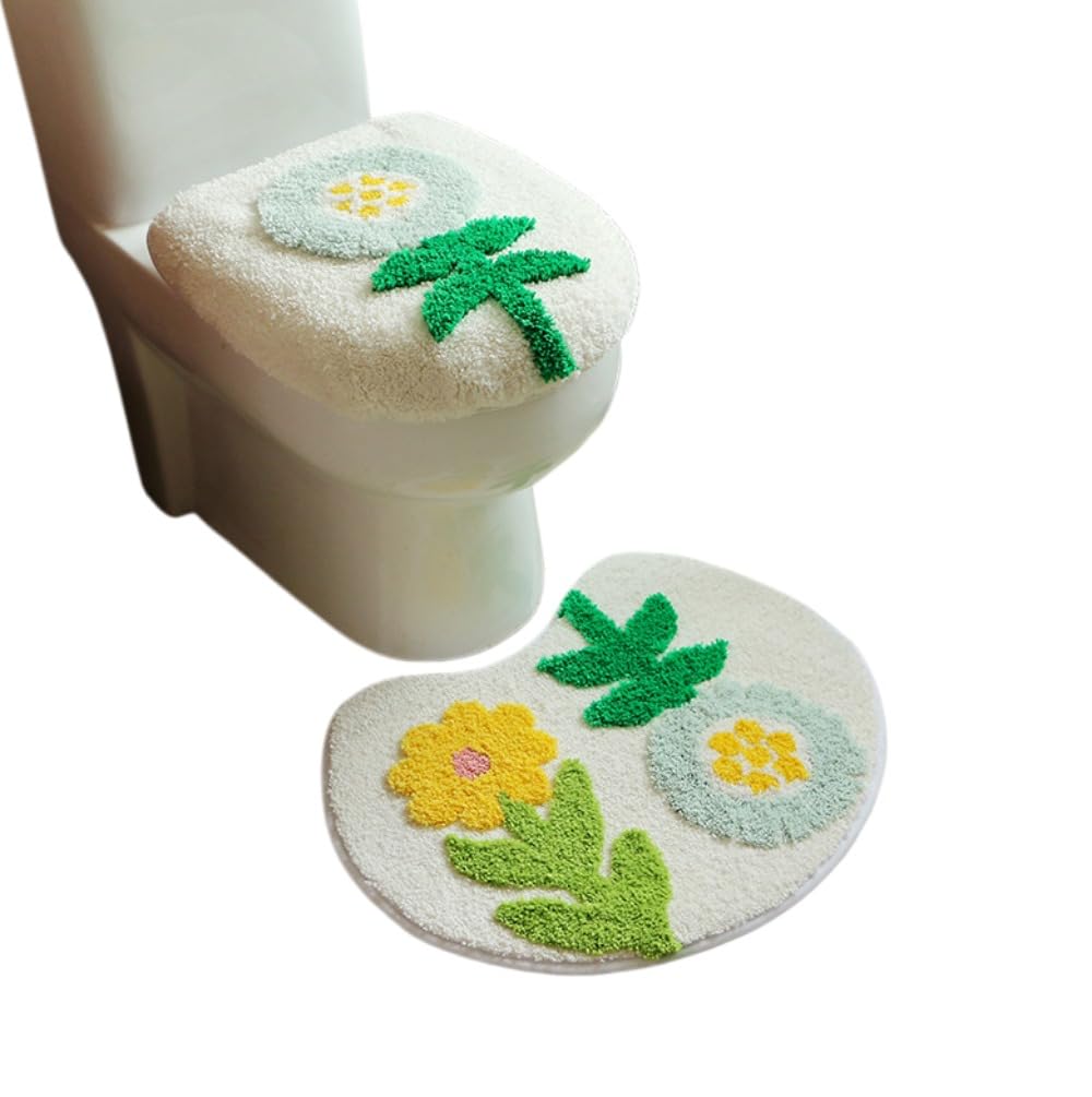 柔らかく 花柄トイレカバー 足元マット 便座シート フタカバー 型便座トイレ兼用 暖かい ふわふわ可愛い 通用型 調整可能 洗える 伸縮性 風防寒厚手 超吸水速乾抗菌防臭 滑り止め家庭用ホテル用 リーフ柄トイレマット ()|アピネス