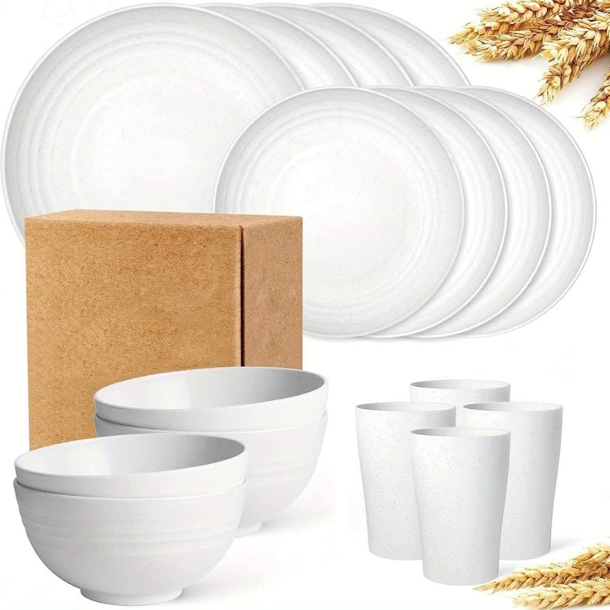 小麦の茎の食器、水のカップの皿のボウル、フィオズウィアプラスチック、16点セットです (ホワイト)｜アピネス