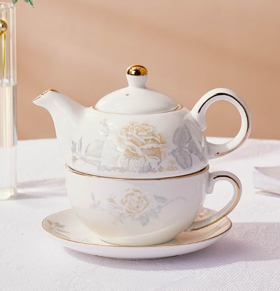 金色バラ&ゴールド縁取りデザイン。磁器製 16急須+12カップ+5.9受皿。一人用。朝食・午後・就寝前のお茶時間に。実用的で贈り物にも適したティーカップセット。茶器 ()|アピネス