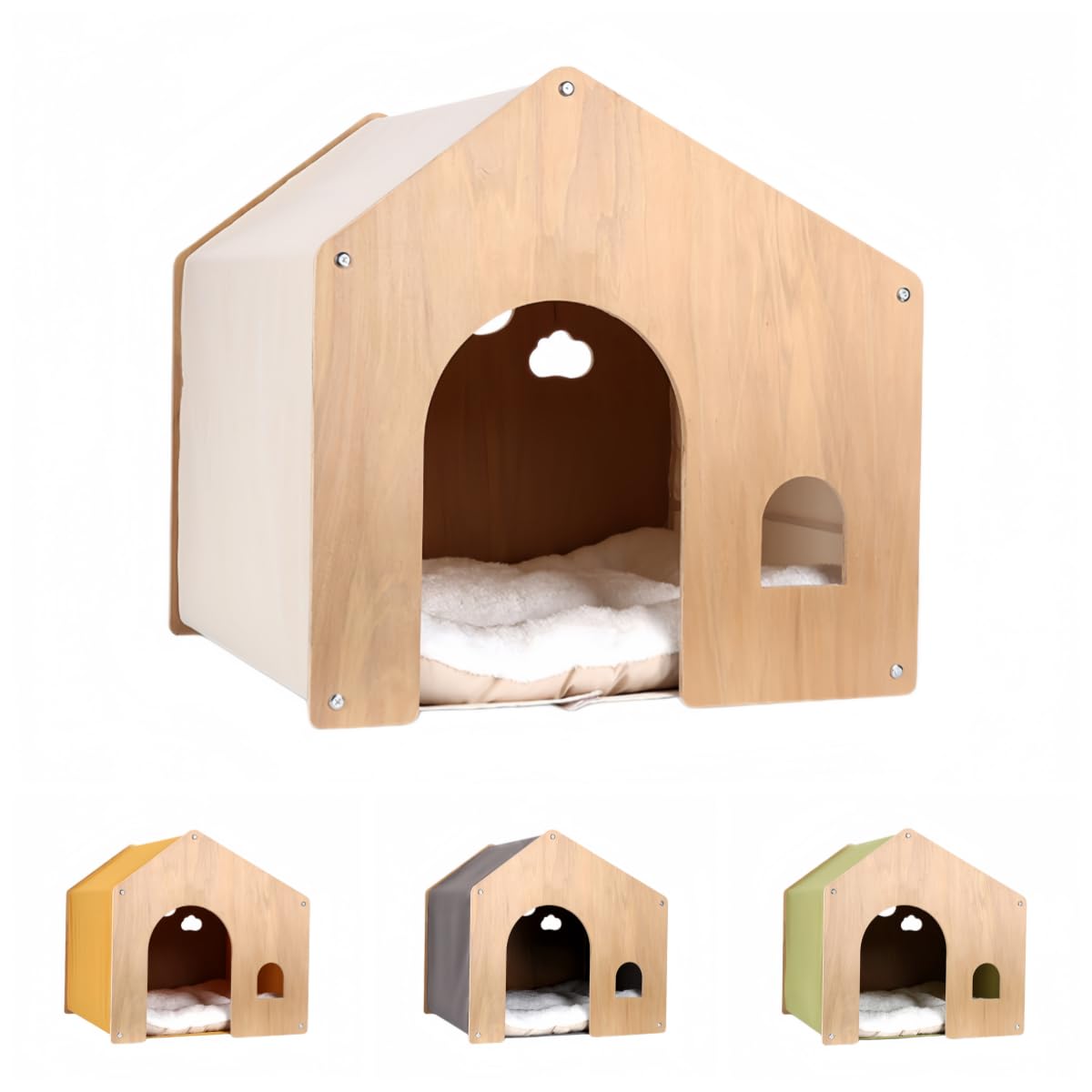 木製ペットハウス 猫用・犬用ベッド 犬の犬小屋 天然木 オールシーズン対応 無垢材 換気 通気性 クローズドデザインの犬小屋 快適な空間 あらゆる種類のペットに適しています マット付き取り外し可能で洗濯可能 (ベージュ)|アピネス