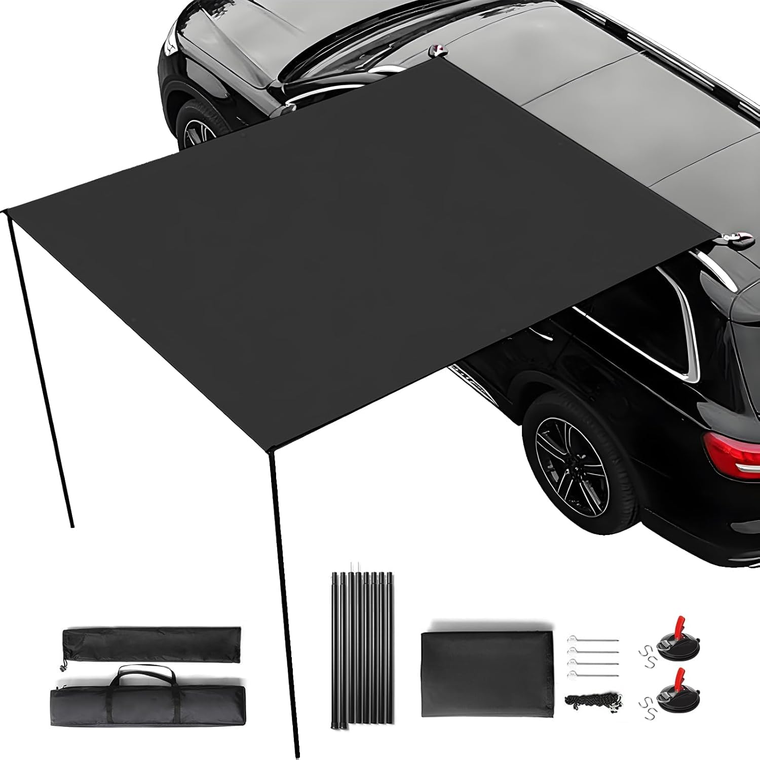 カーサイドタープ 200×300 車用タープ カーオーニング 車中泊 タープ 50+ カット 3000+防水 210オックスフォード 吸盤式 簡単設営 キャンプ ミニバン アウトドア オフロード 収納バッグ付き ホワイト (ブラック)|アピネス
