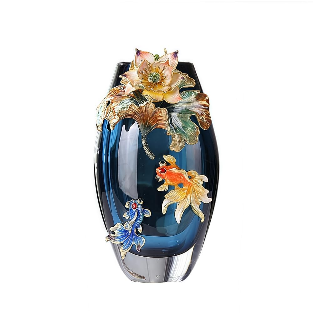魚遊び蓮の葉ガラス花瓶ハイエンド工芸品装飾品リビングルームワインキャビネット玄関キャビネット装飾ハイエンド装飾品古代ガラスエナメルギフトギフト新築祝い (大型) []｜アピネス
