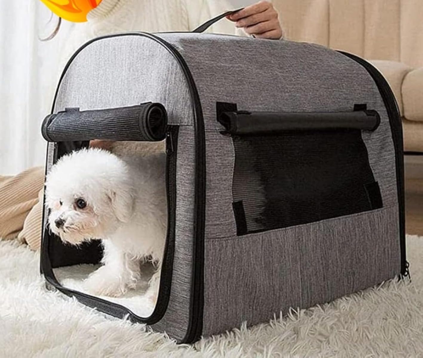 携帯ペットケージ ペットソフトハウス メッシュ窓付き 屋外携帯 折りたたみ式屋 ハンドル付き カーテン付き 折りたたみペットケージ 車載 (（75*50*55）,グレー)｜アピネス
