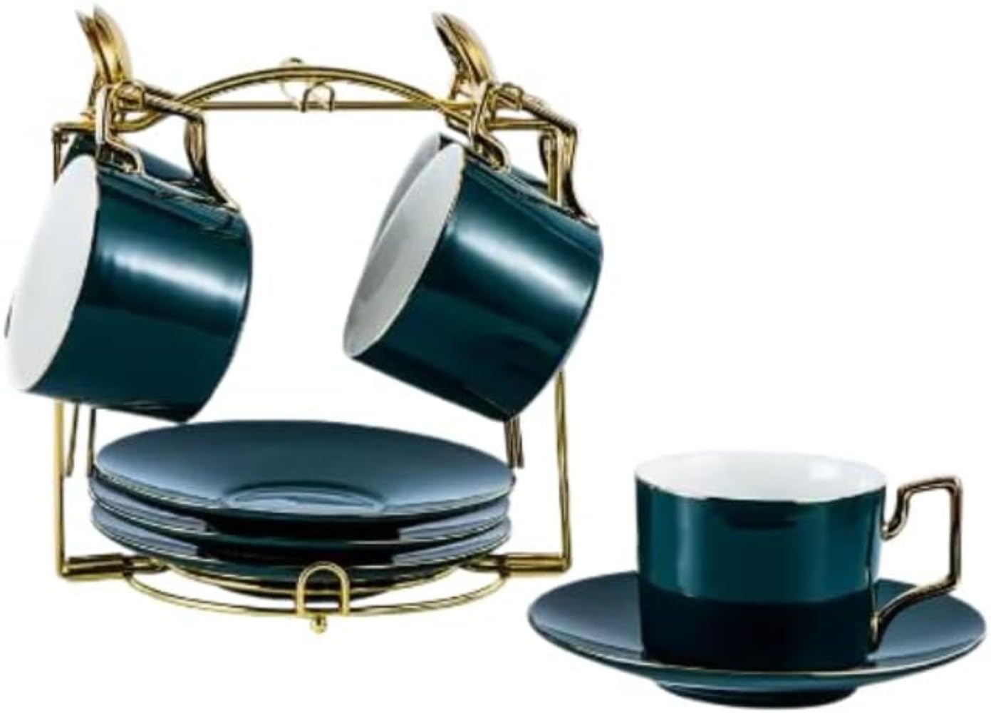 カップ マット磁器コーヒーカップ ソーサースプーン付き ティーカップ ソーサーセット ブラックカラー 磁器 ティーセット コーヒーカップ (グリーン,4点セット)|アピネス