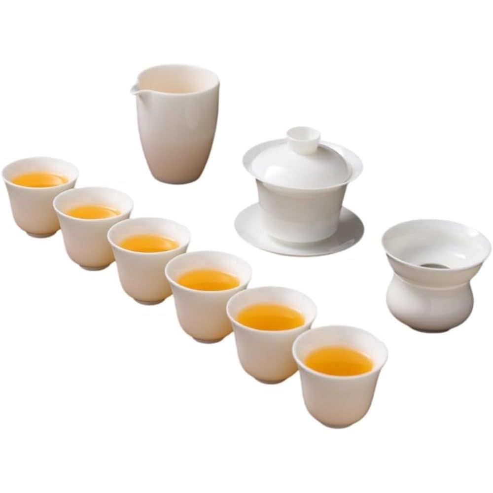 白磁茶器セット 羊脂玉仕上げ 高温焼成 蓋碗 茶海 茶漏 品杯 ギフトボックス 艶やか 滑らか 贈答 茶事 和モダン インテリア (白色スタイル1)｜アピネス