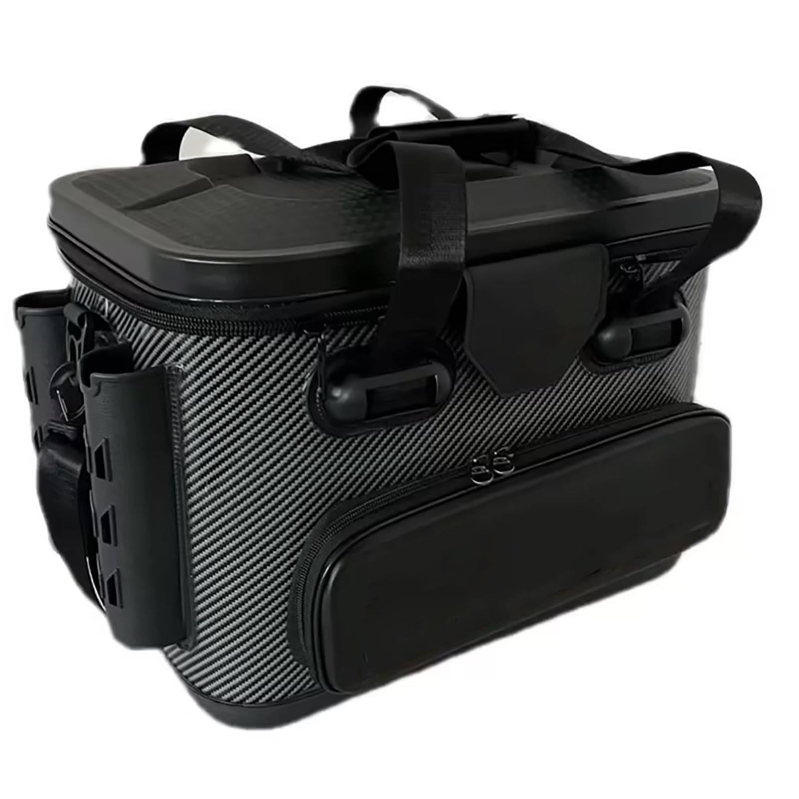 タックルボックス ロッドホルダー付き プライヤーホルダー付き 収納ボックス 釣具 収納 素材 防水 大容量 釣りバッカン 釣り用ケース 収納コンテナ 防災 キャンプ (カーボン柄,長さ42&times;幅27&times;高さ31（内箱付き）)｜アピネス