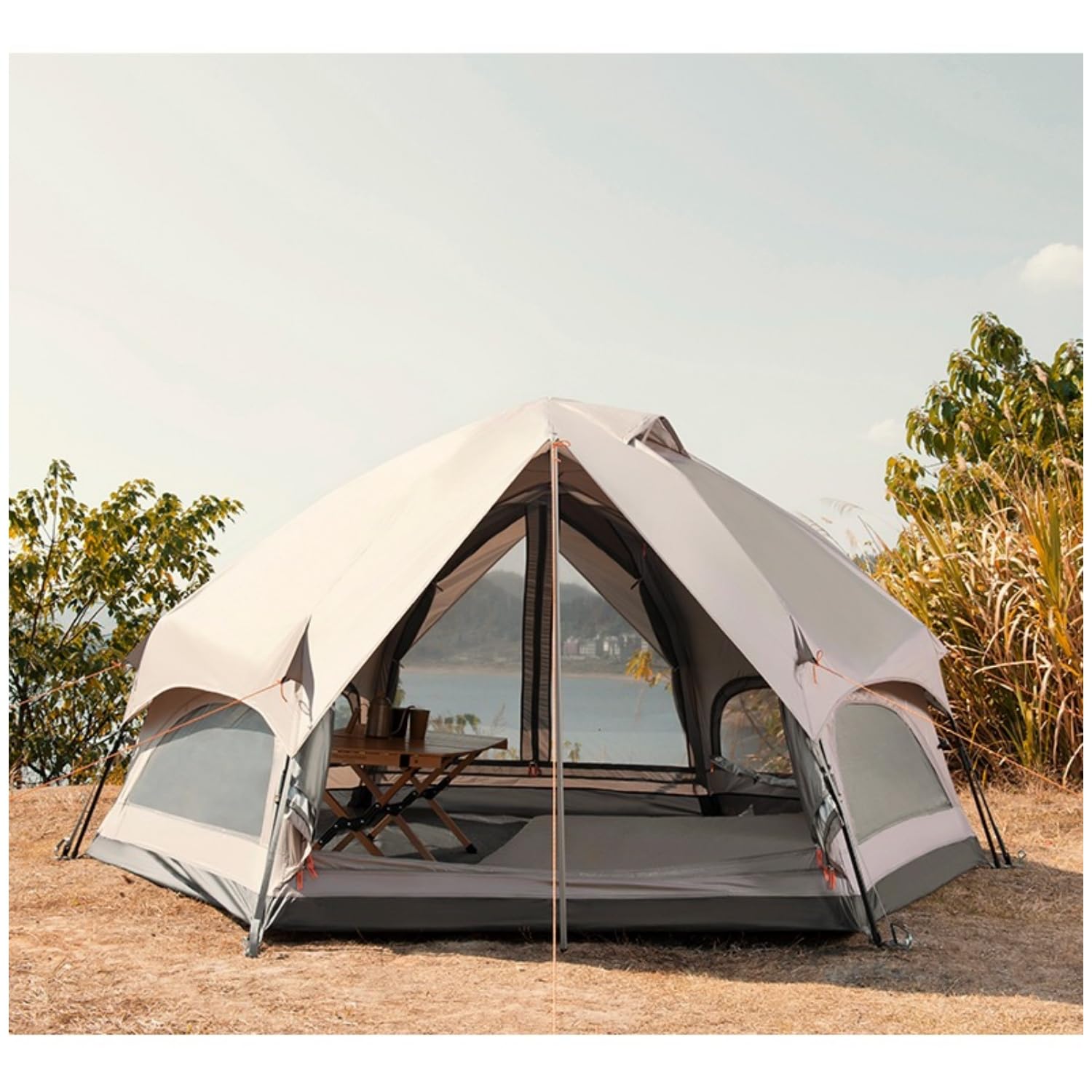 大型 家族のキャンプテント、屋外の六角形キノコ型、裏庭の旅行、ハイキング、釣り用クイックオープン折りたたみ式キャノピー付 防風防水キングキャンプ 5-8人家族の日よけ2ベッドルームファミリー、キャンプ用シェルター|アピネス