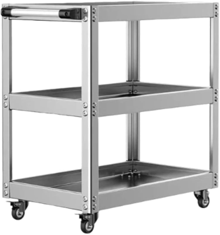 ステンレス工具カート 移動式ツールワゴン キャスター付き 耐荷重 200 多用途パーツ収納 工場・ガレージ・倉庫・整備工場対応 (シルバー)|アピネス