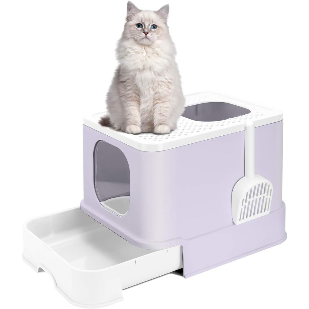猫 トイレ 本体 猫用トイレ ネコトイレ 大容量 大型 53.5*44*37.5 砂の飛び散ら防止 上から猫トイレ 掃除簡単 脱臭抗菌 組み立て不要 スコップ付き おしゃれ 人気 猫用品 (パープル,53.5*44*37.5)|アピネス