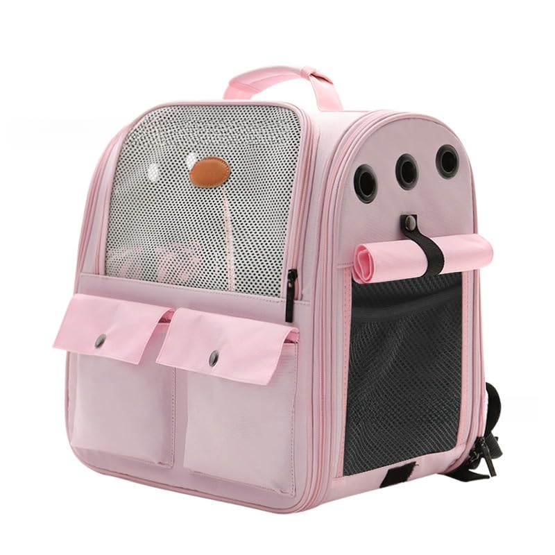 ペットキャリー 猫 リュック キャリー 折りたたみ式 小型犬/小動物用 キャリーバッグ カーテン付き 大容量ペットリュック ピックニック お出かけバッグ 旅行 通院 避難に 通気ペットバッグ 飛出し防止リード付き (ピンク)|アピネス