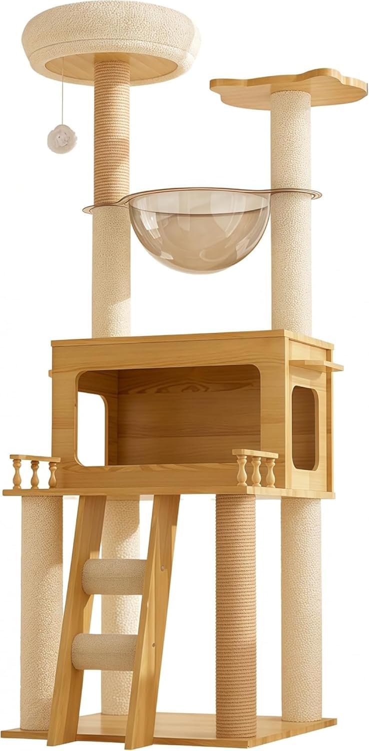 キャットタワー 木製 147 大型猫用 多機能 据え置き型 シニア猫・子猫向け 安定性 爪とぎポール付き 宇宙船型透明ボウル 登りやすい階段 多頭飼い対応 おしゃれで省スペース 簡単組み立て (147, )｜アピネス