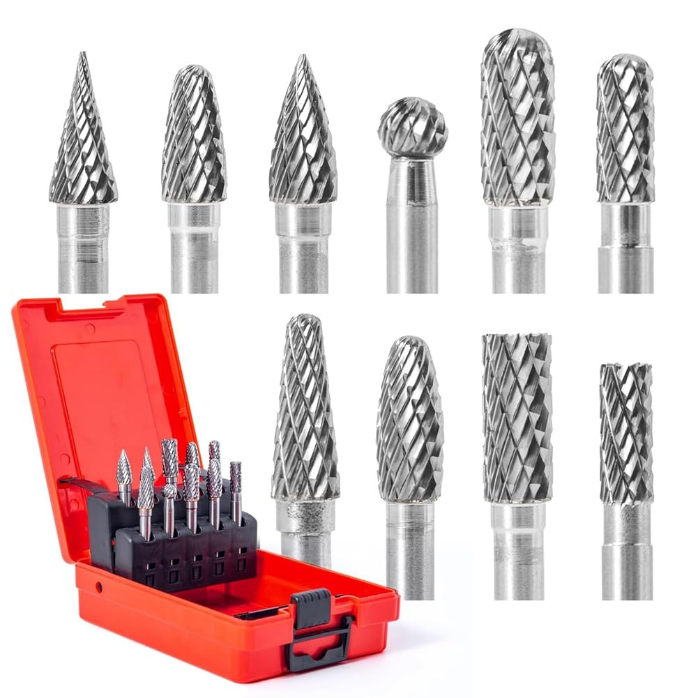 10 個の超硬バー セット 1/4 インチ シャンク、フライス加工、彫刻、彫刻、バリ取り、木材の穴あけ用ダブル カッティング バー｜アピネス