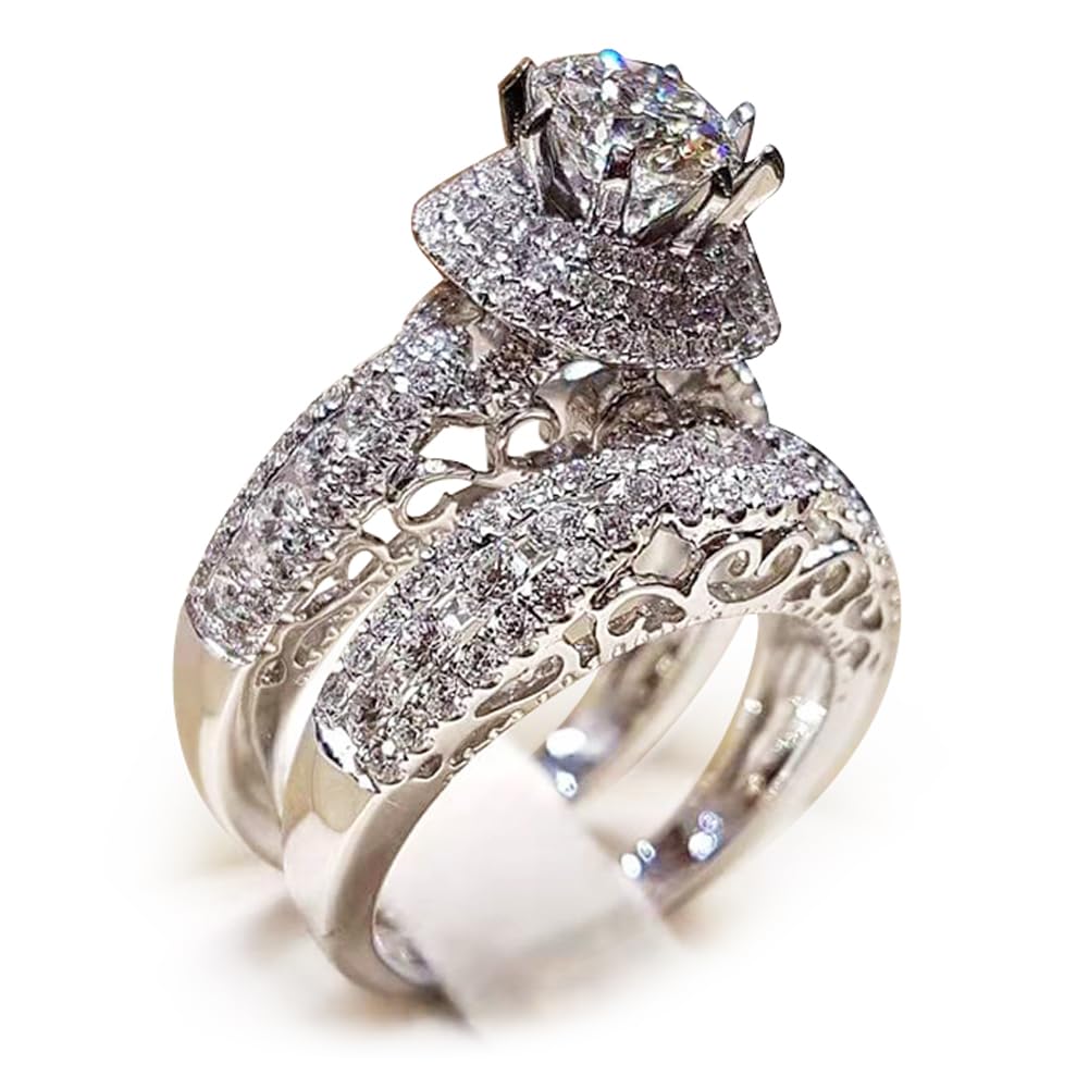 925 スターリングシルバー ブライダルリングセット キュービックジルコニア フルダイヤモンド 婚約指輪 ウェディング 2個 プロミス アニバーサリー ホワイトゴールド リング 女性用|アピネス