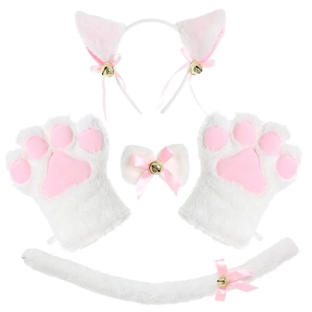 スナップクリップ 猫 コスプレセット ぬいぐるみ 猫 耳 足 ネックレスとしっぽ付き ハロウィン クリスマス パーティー用 (ピンク)｜アピネス