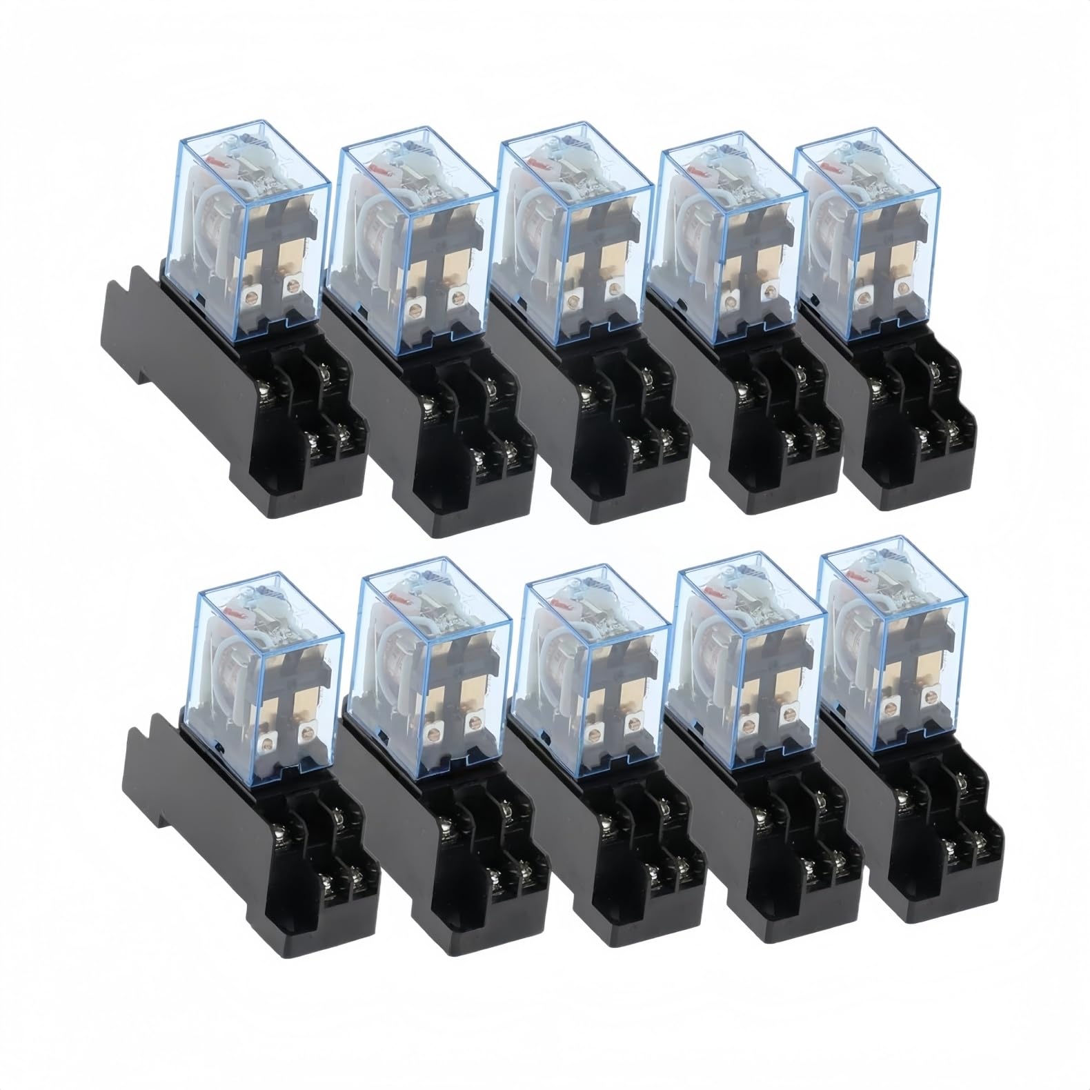電磁リレー 10個セット 8ピン 2回路 5A 250VAC/28VDC ソケットベース付き MY2N-J 汎用ミニパワーリレー DINレール取付 制御盤 設備メンテ 電気工作 接点構成2C 動作表示灯内蔵 透明ケース