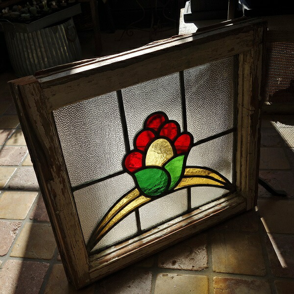 045 レア物 赤い花 赤 ステンドグラス マニア アンティーク アンティーク お花 045 緑 黄色 イギリス製 ガラス ブロカント インテリア