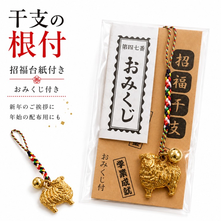 【予約販売10月中旬発送】招福干支 根付 お守りチャーム EM-80S 未 ひつじ おみくじ付き 金色鈴付き 携帯ストラップ 和雑貨 正月 年末年始 ご挨拶 プチギフト 景品 イベント配布 会社 店舗 来店特典 学業成就 開運祈願 バッグ飾り ポーチ飾り｜あっぷる本舗