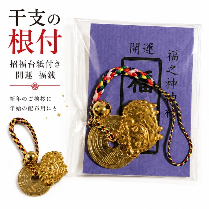 【予約販売10月中旬発送】福之神社 開運 根付 お守り 干支 5円鈴付き E-70S5 100個セット 招福台紙入り 福銭 ご縁 縁起物 ストラップ 金色 正月 年始 挨拶 配布用 まとめ買い 企業 店舗 町内会 行事 景品 スマホ ポーチ 手帳 年賀 お年賀 贈り物|あっぷる本舗