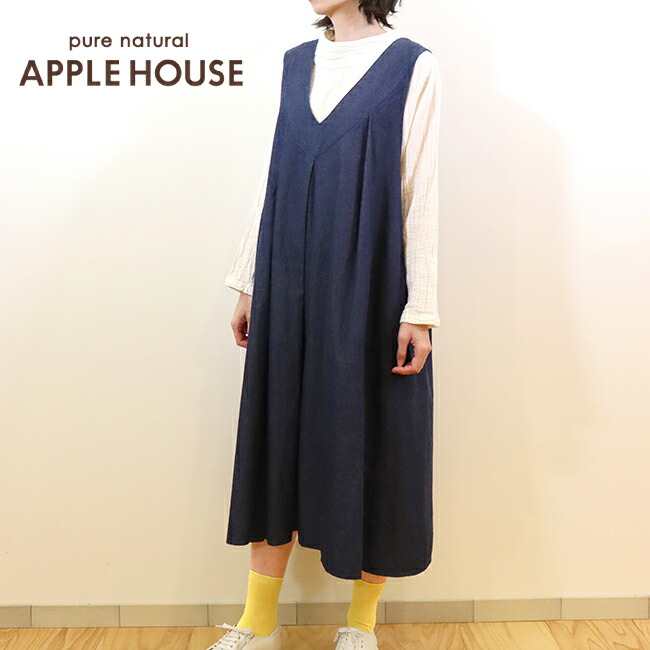 Ala2Deコークチュニック（濃紺/コットン100％） ロングチュニック Vネック ノースリーブ 重ね着 薄手デニム 日本製 天然素材 レディース