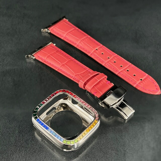 アップルウォッチ 金属製 bbシルバー クローム CZダイヤモンド ケース  本革 牛革 ホット ピンク クロコダイル  ベルト バンド  Dバックル 45mm 44mm 41mm 40mm