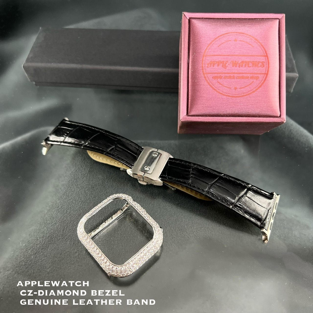 シルバー ベゼル CZダイヤモンド ブラック 本革 ベルト カルティエ タイプ バックル付 アップルウォッチ 49mm 41mm 45mm 40mm 44mm シリーズ８ SE2 シリーズ７ シリーズ6 SE シリーズ5 シリーズ4 ウルトラ ultra APPLEWATCH 動画 プレゼント カスタムセット｜アップルウォッチーズ店