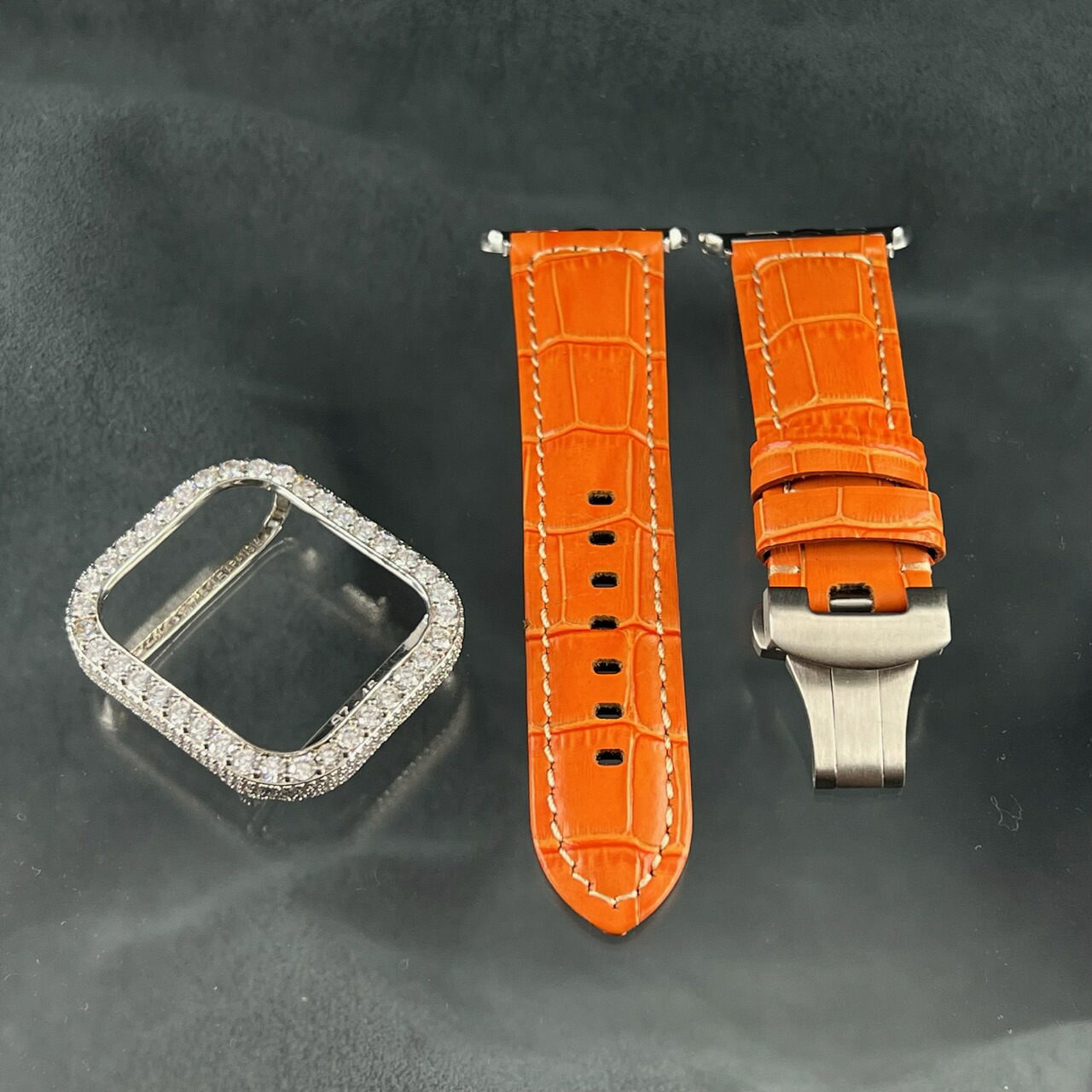 シルバー CZダイヤモンド ベゼル 極太 本革 ベルト カスタムセット アップルウォッチ 41mm 45mm 40mm 44mm 38mm 42mm シリーズ８ SE2 シリーズ７ シリーズ6 SE シリーズ5 シリーズ4 アップルウォッチ用 APPLEWATCH 動画 プレゼント　に｜アップルウォッチーズ店